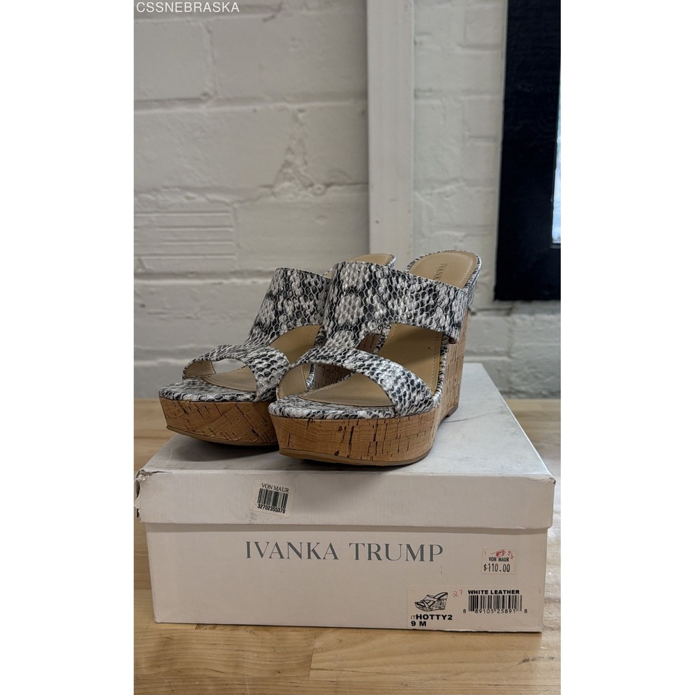 Ivanka Trump White/Gray Hotty2 Snakeskin Print Cork Platform Wedge Sandals- 9M